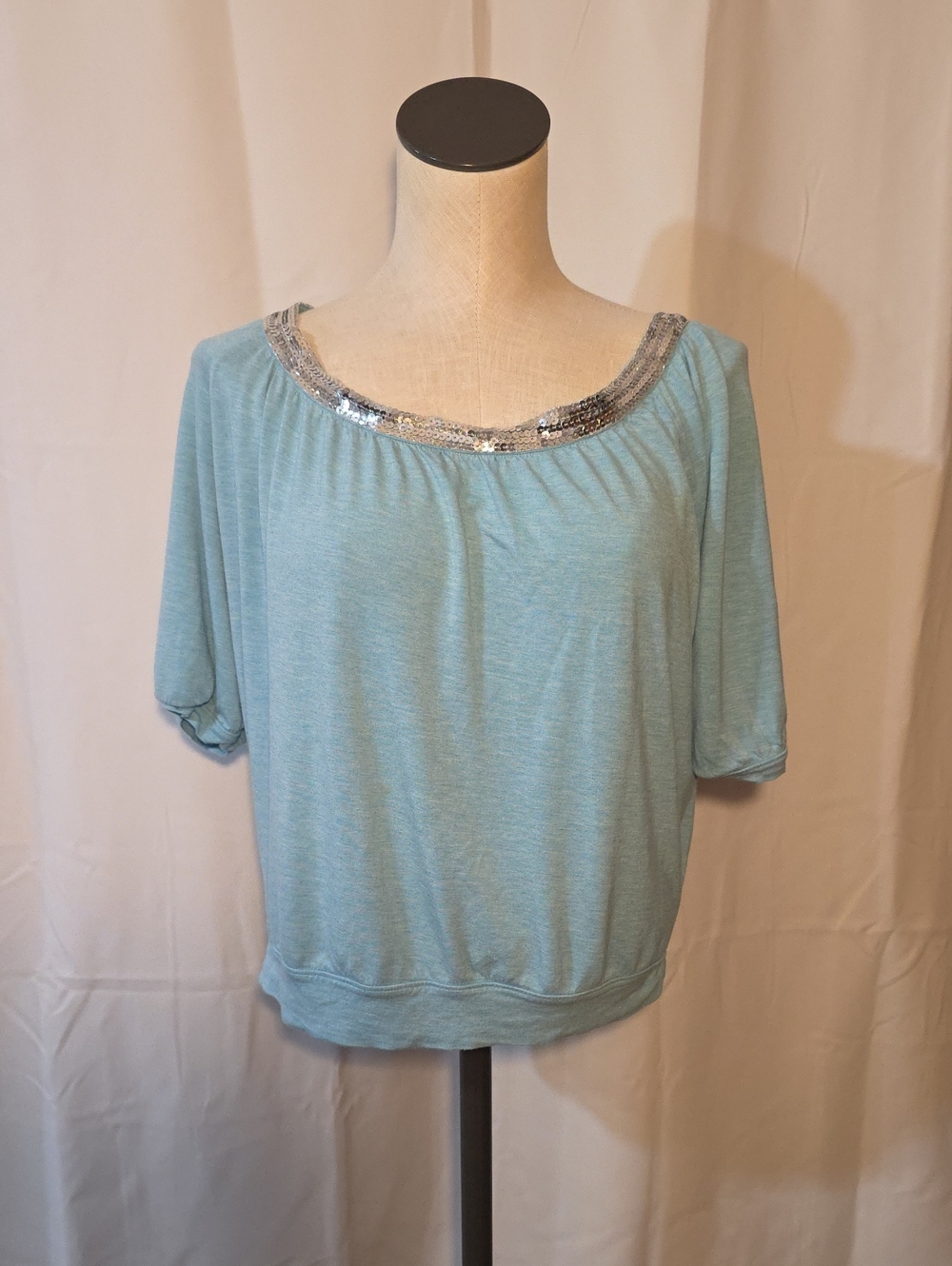 Express Light Blue Short Sleeve Scoop Top with Sequin Neckline